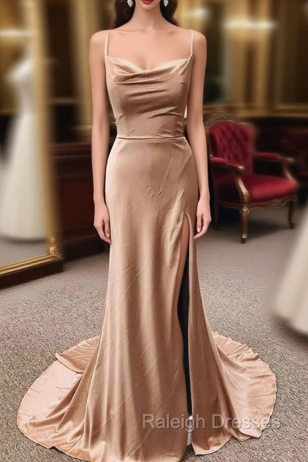Champagne Satin Mermaid Spaghetti Straps Prom Dress Main image