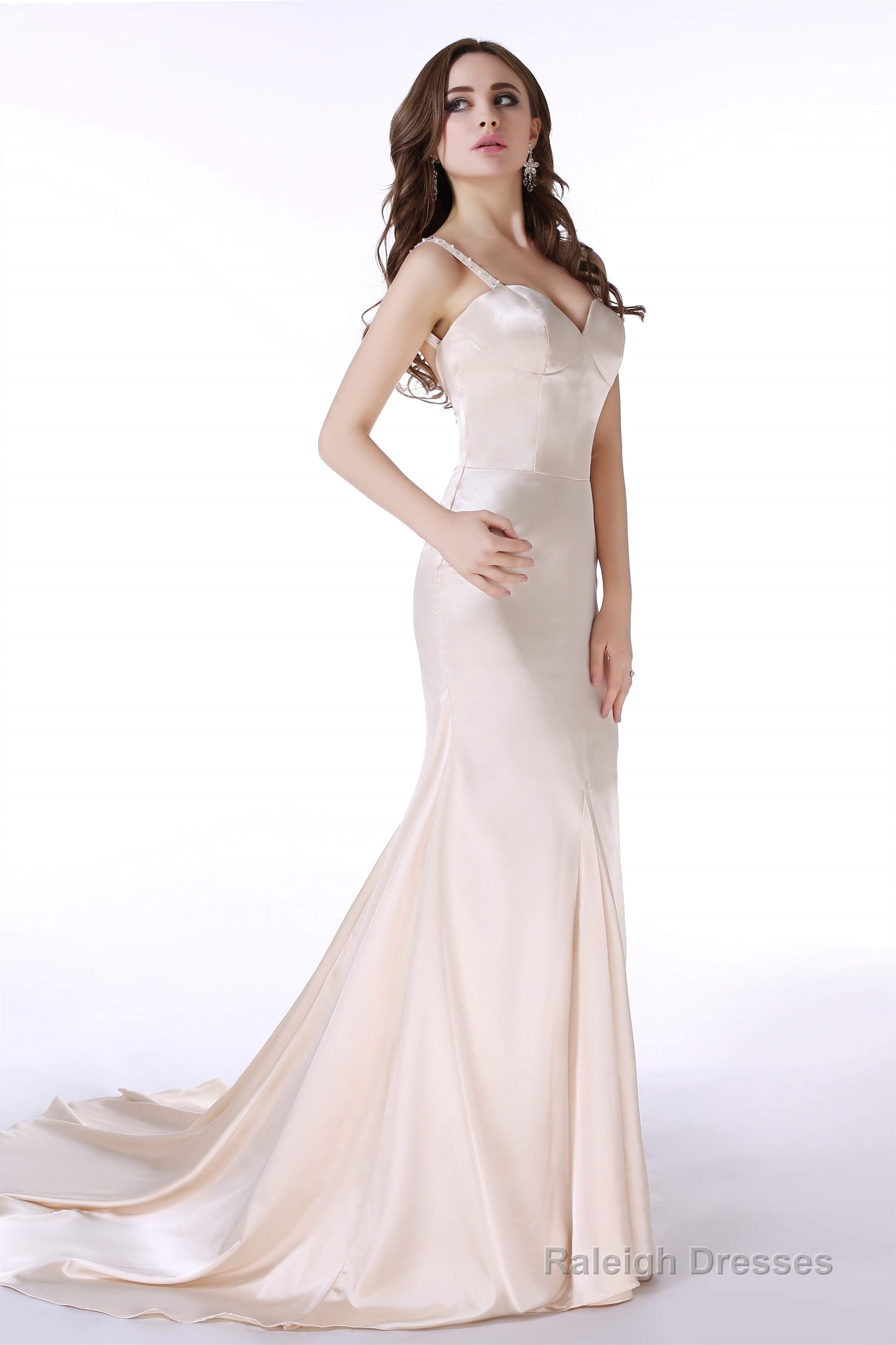 Champagne Satin Mermaid Spaghetti Straps Prom Dresses With Beading