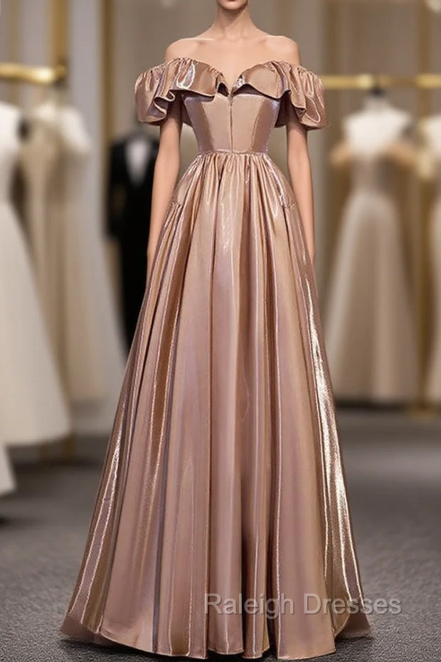 Champagne Satin Off the Shoulder Long Prom Dress Main image