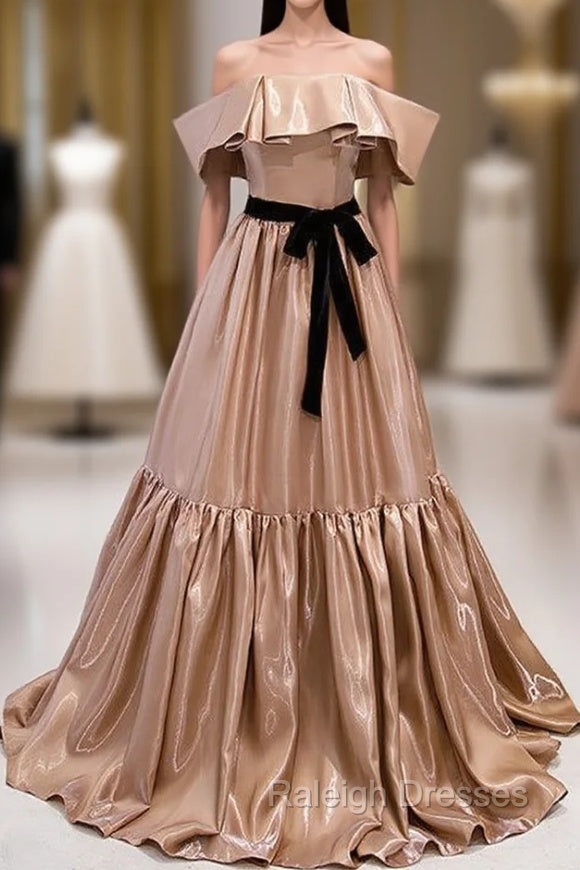 Champagne Satin Off the Shoulder Prom Dress With Bow Main image