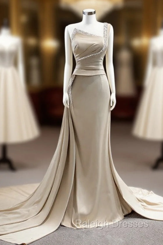 Champagne Satin One Shoulder Beading Prom Dress Main image