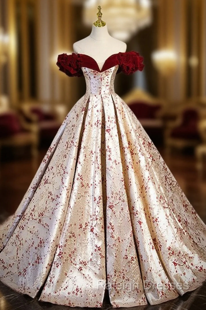 Champagne Satin Print Burgundy Velvet Prom Dress