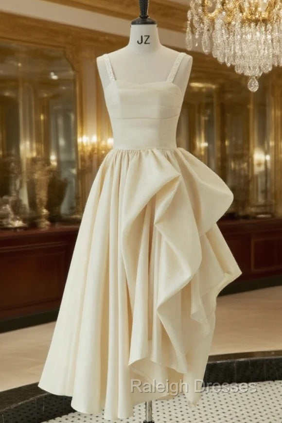 Champagne Satin Straps Tea Length Wedding Dress Main image