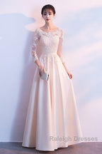 Champagne Satin With Lace Long Sleeves Prom Dress Evening Dress, A-Line Simple Bridesmaid Dresses