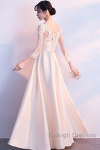 Champagne Satin With Lace Long Sleeves Prom Dress Evening Dress, A-Line Simple Bridesmaid Dresses