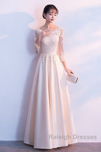 Champagne Satin With Lace Long Sleeves Prom Dress Evening Dress, A-Line Simple Bridesmaid Dresses