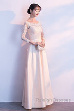 Champagne Satin With Lace Long Sleeves Prom Dress Evening Dress, A-Line Simple Bridesmaid Dresses