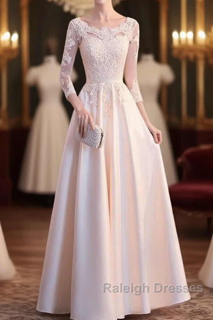 Champagne Satin With Lace Long Sleeves Prom Dress Evening Dress, A-Line Simple Bridesmaid Dresses Main image
