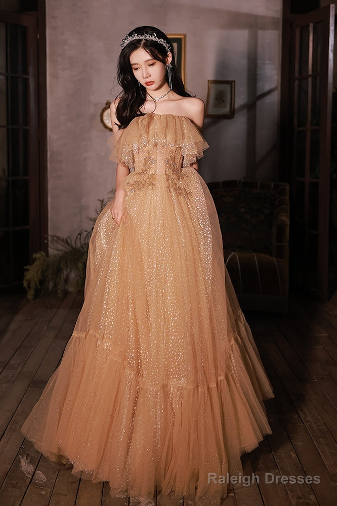 Champagne Scoop Tulle With Lace Applique Long Party Dress, A-Line Prom Dress Secondary image