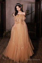 Champagne Scoop Tulle With Lace Applique Long Party Dress, A-Line Prom Dress