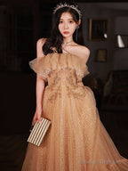 Champagne Scoop Tulle With Lace Applique Long Party Dress, A-Line Prom Dress