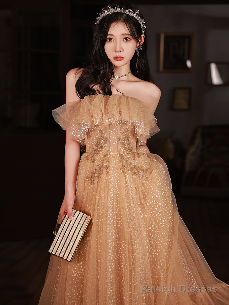 Champagne Scoop Tulle With Lace Applique Long Party Dress, A-Line Prom Dress