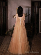 Champagne Scoop Tulle With Lace Applique Long Party Dress, A-Line Prom Dress
