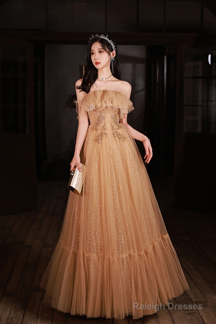 Champagne Scoop Tulle With Lace Applique Long Party Dress, A-Line Prom Dress Main image
