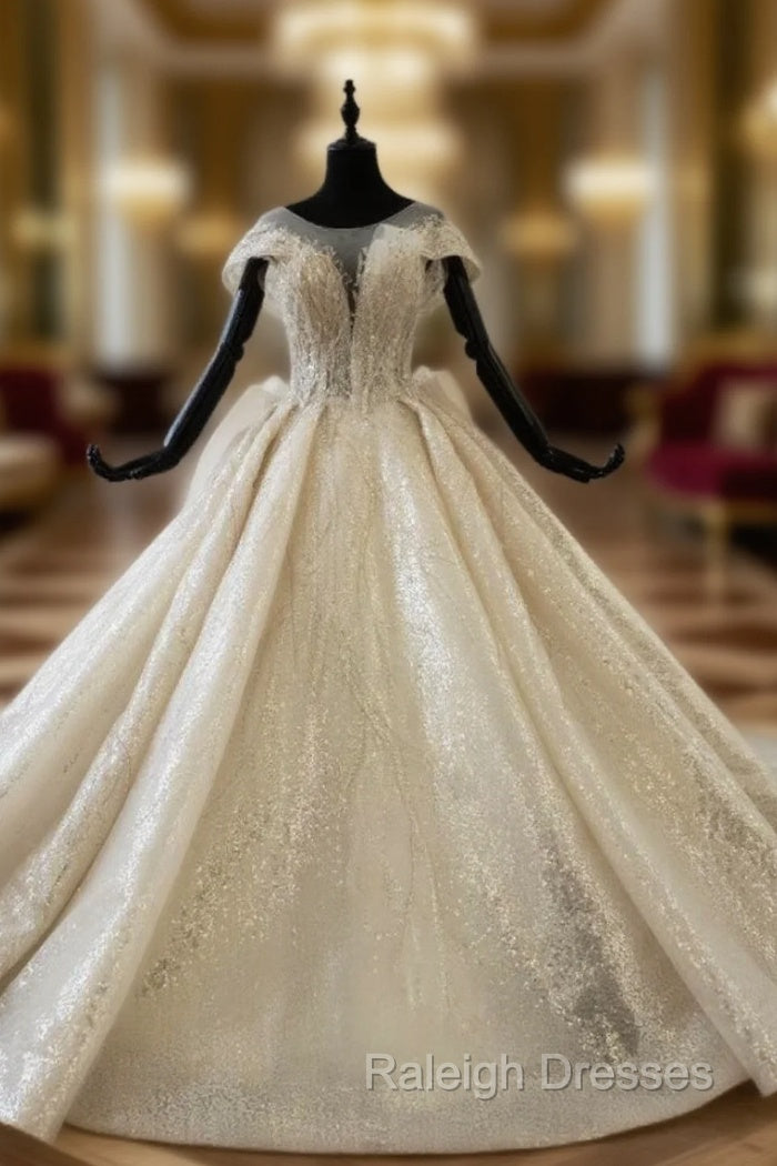 Champagne Sequins Cap Sleeve Backless Wedding Dress With Long Train Main image