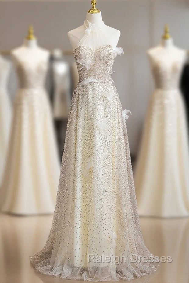 Champagne Sequins Halter 3D Flower Prom Dress