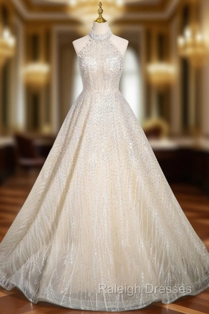 Champagne Sequins Halter Backless Beading Prom Dress Main image
