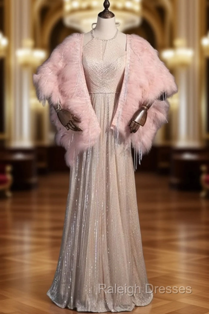 Champagne Sequins Halter Beading Prom With Feather Shawl Main image