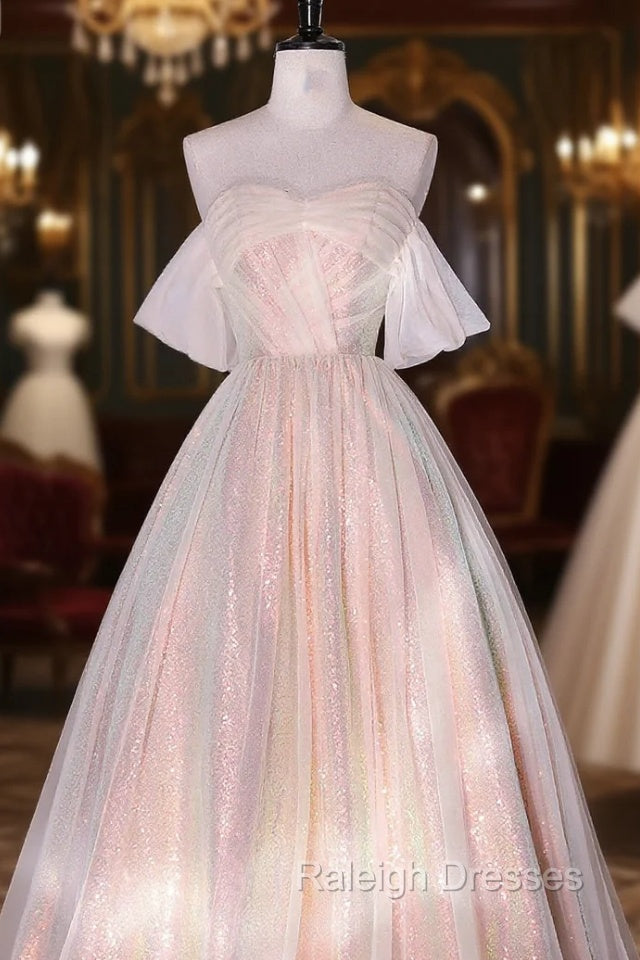 Champagne Sequins Long A-Line Prom Dress, Off the Shoulder Evening Party Dress