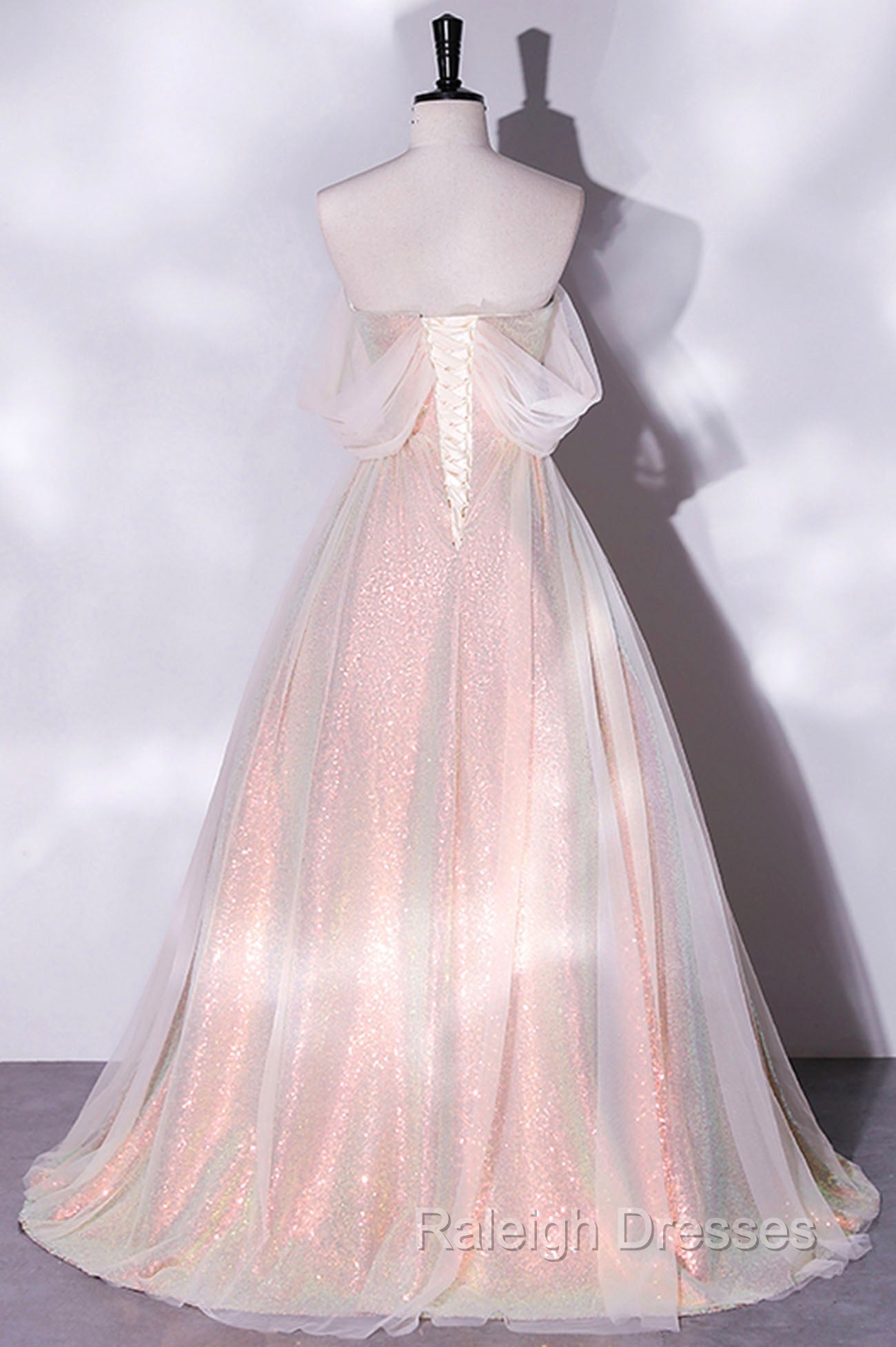 Champagne Sequins Long A Line Prom Dress, Off the Shoulder Prom Prom Dress