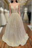 Champagne Sequins Long A Line Prom Dress, Shiny V Neck Spaghetti Straps Prom Dress