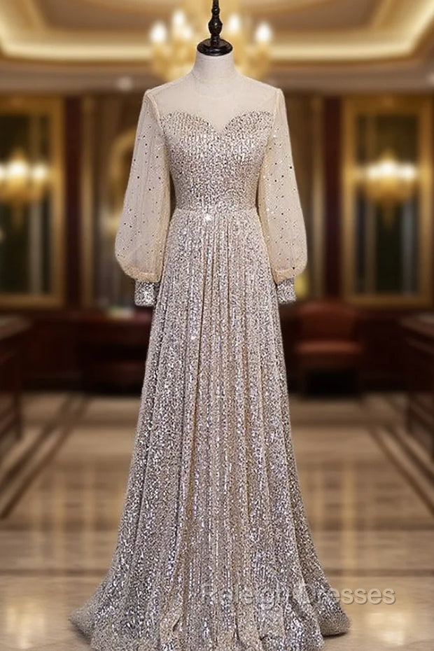 Champagne Sequins Long Sleeve Prom Dress Main image