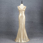 Champagne Sequins Low Back Long Bridesmaid Dresses, Mermaid Prom Dress