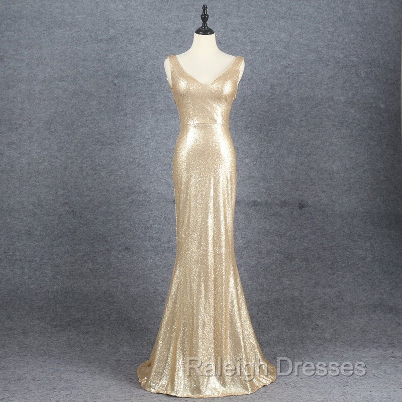 Champagne Sequins Low Back Long Bridesmaid Dresses, Mermaid Prom Dress