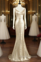 Champagne Sequins Low Back Long Bridesmaid Dresses, Mermaid Prom Dress Party Dress