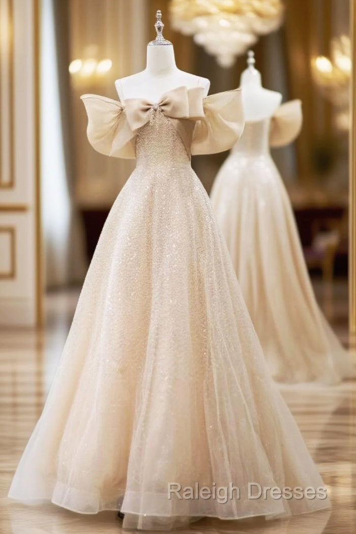 Champagne Sequins Off the Shoulder Bow Prom Dress Main image