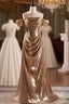 Champagne Sequins Off the Shoulder Pleats Prom Dress