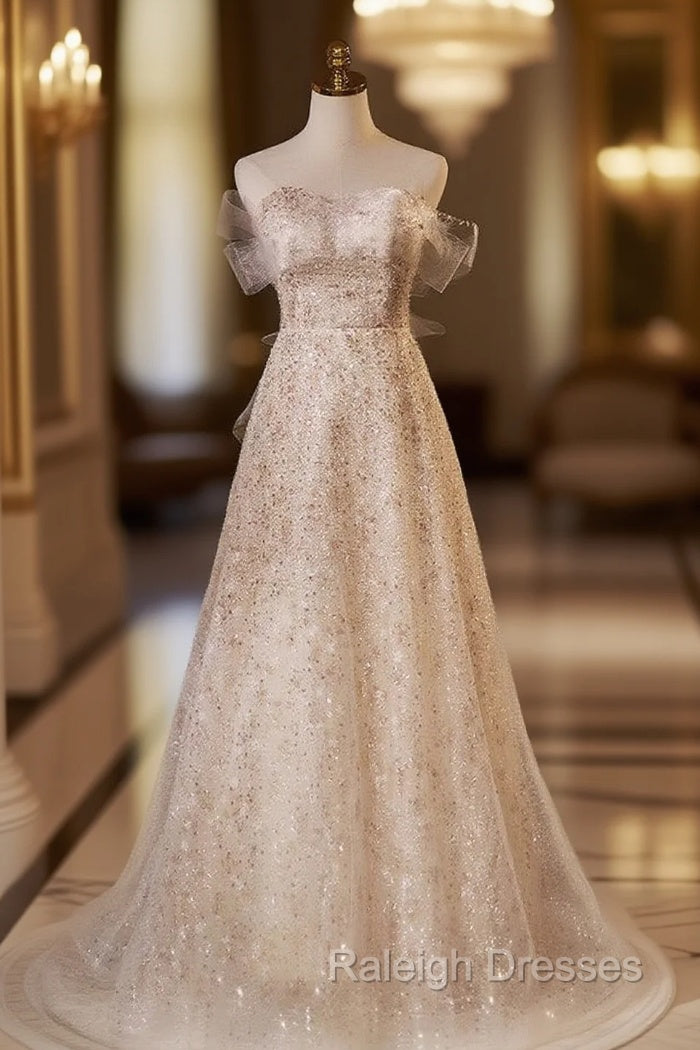 Champagne Sequins Off the Shoulder Wedding Dress Main image