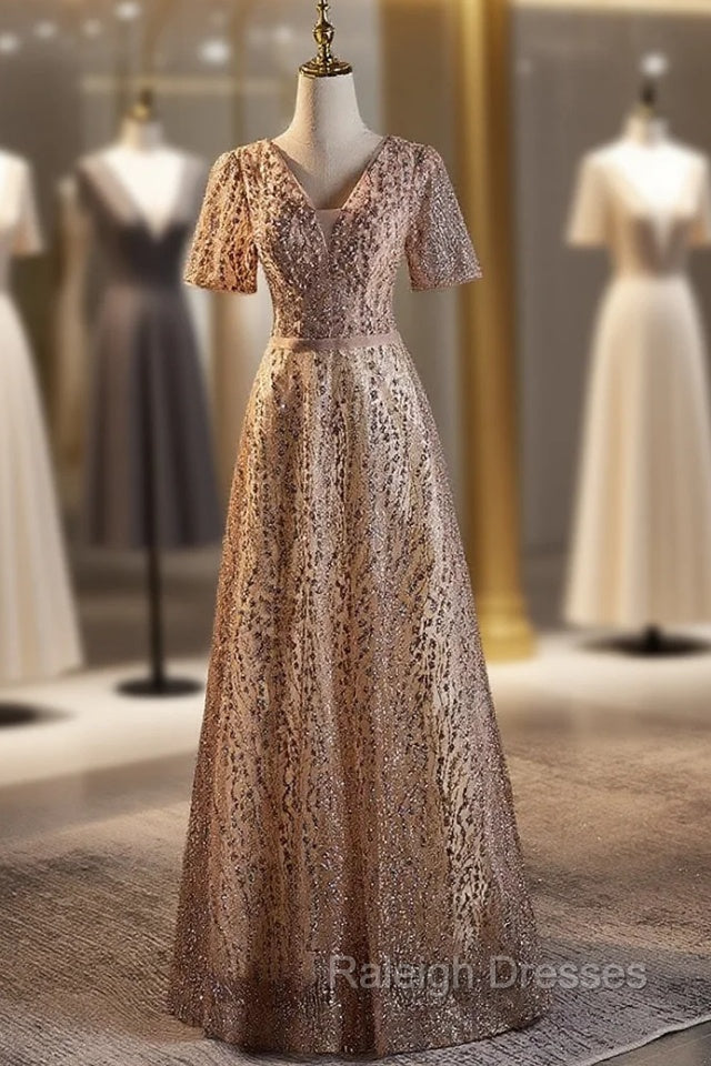 Champagne Sequins Short Sleeve Prom Dress Main image