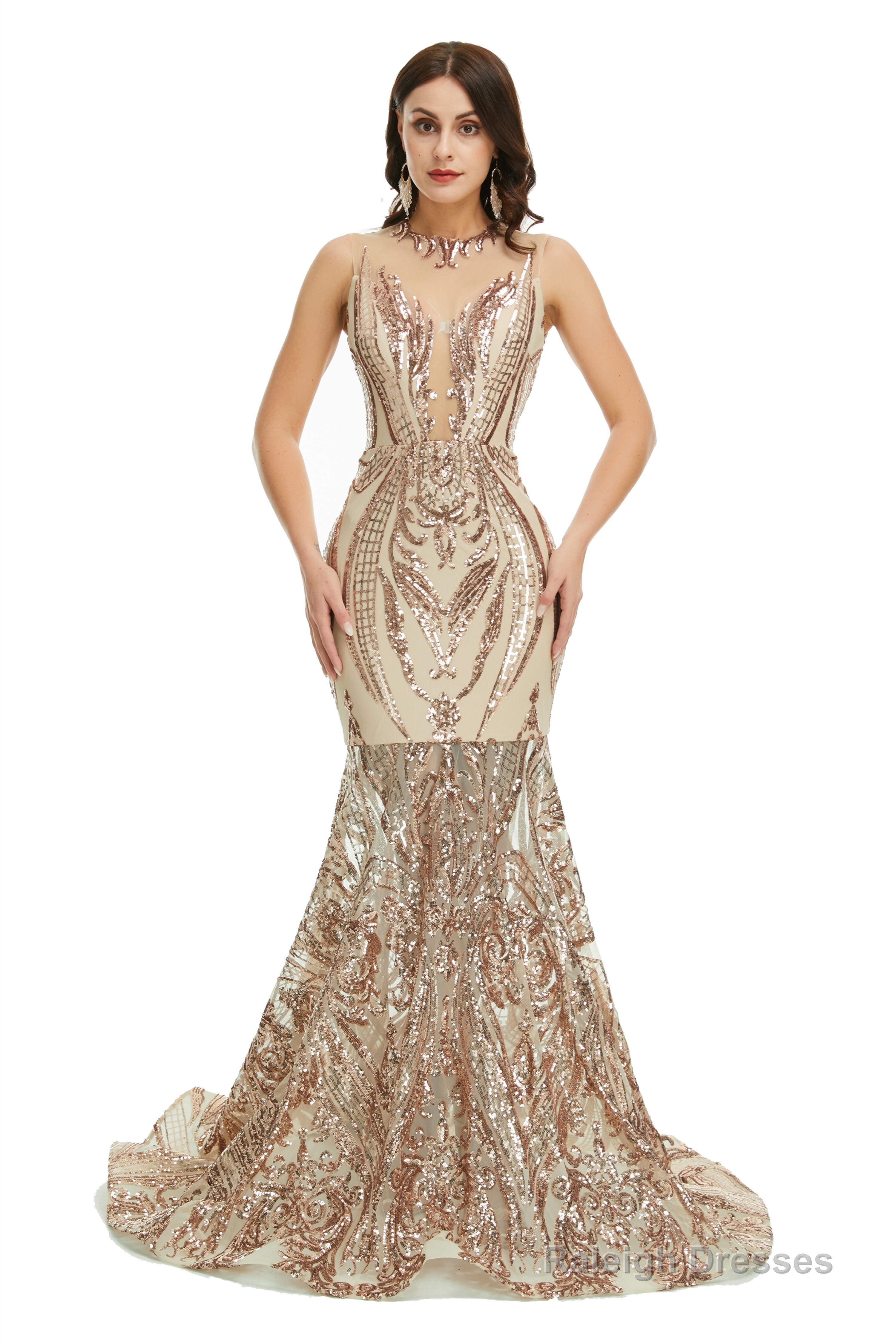 Sequins Sleeveless Floor Length Crew Neck Prom Dresses