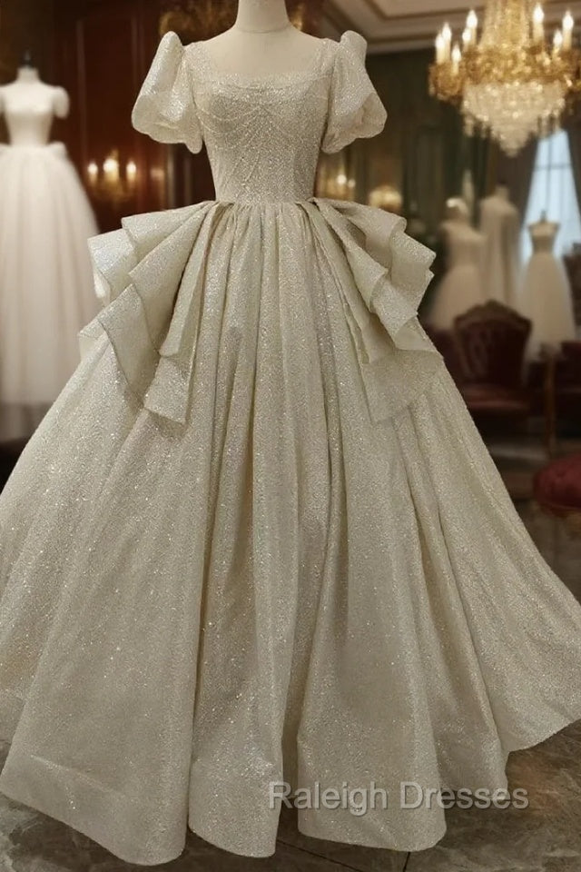 Champagne Sequins Square Puff Sleeve Wedding Dress Main image