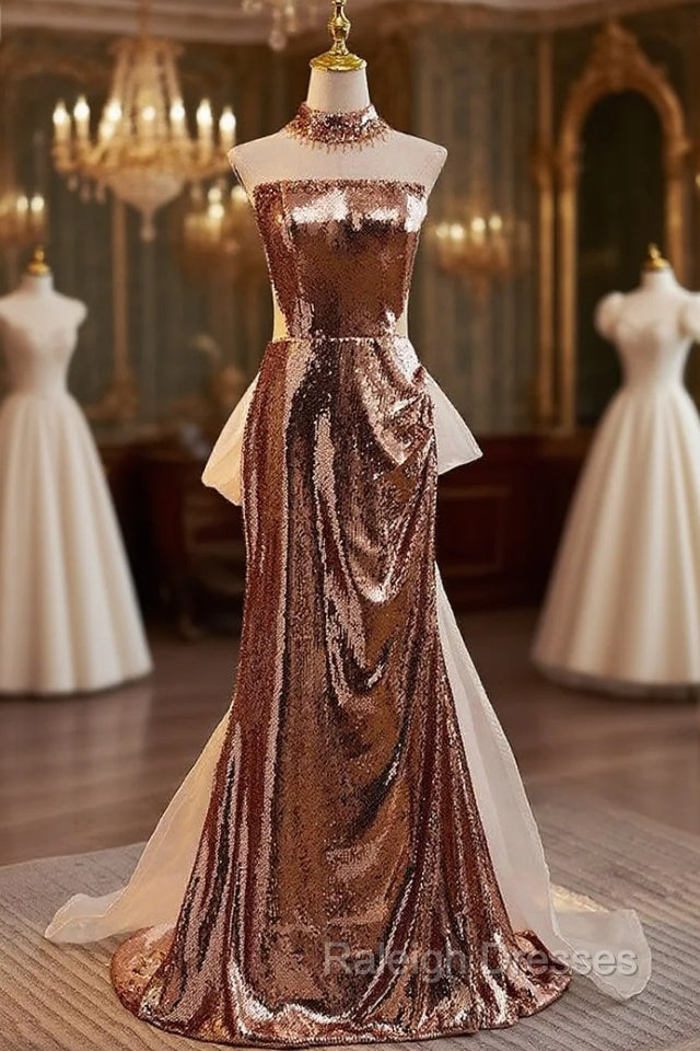 Champagne Sequins Strapless Prom Dress With Bow Main image