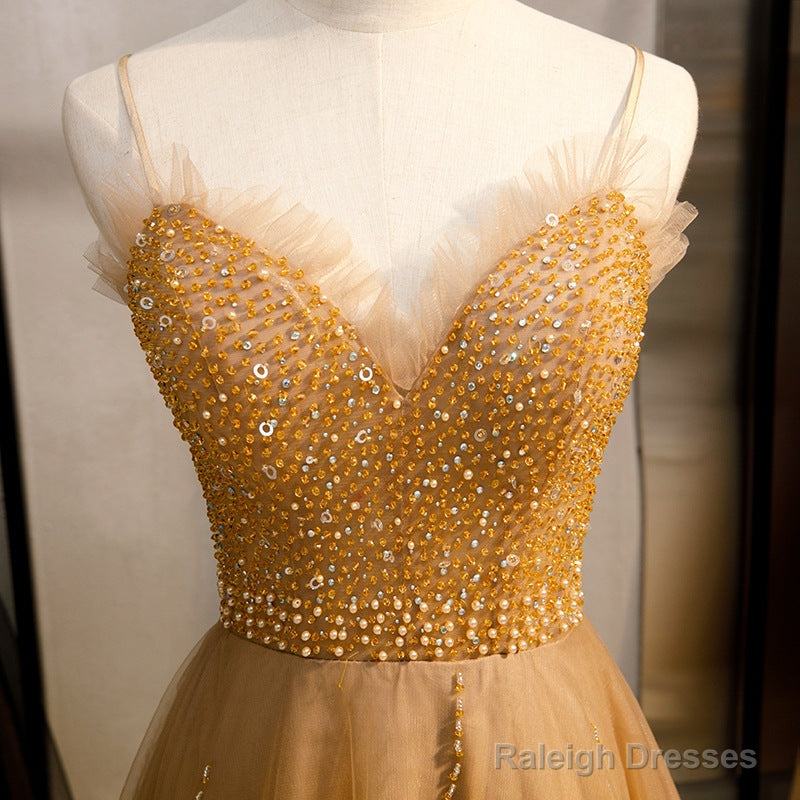 Champagne Sequins Tulle Straps Long Evening Dress Party Dress, Sweetheart Prom Dress Secondary image