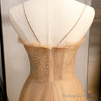 Champagne Sequins Tulle Straps Long Evening Dress Party Dress, Sweetheart Prom Dress