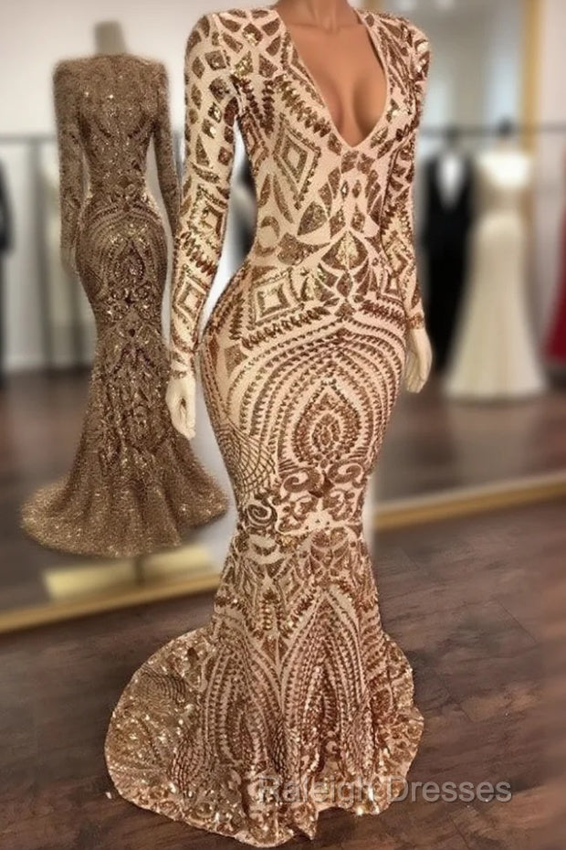 Champagne Sequins V-Neck Long Sleevess Mermaid Prom Dresses Main image