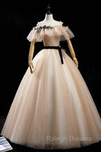 Champagne Shiny Tulle Floor Length Prom Dress, Off the Shoulder Prom Dress