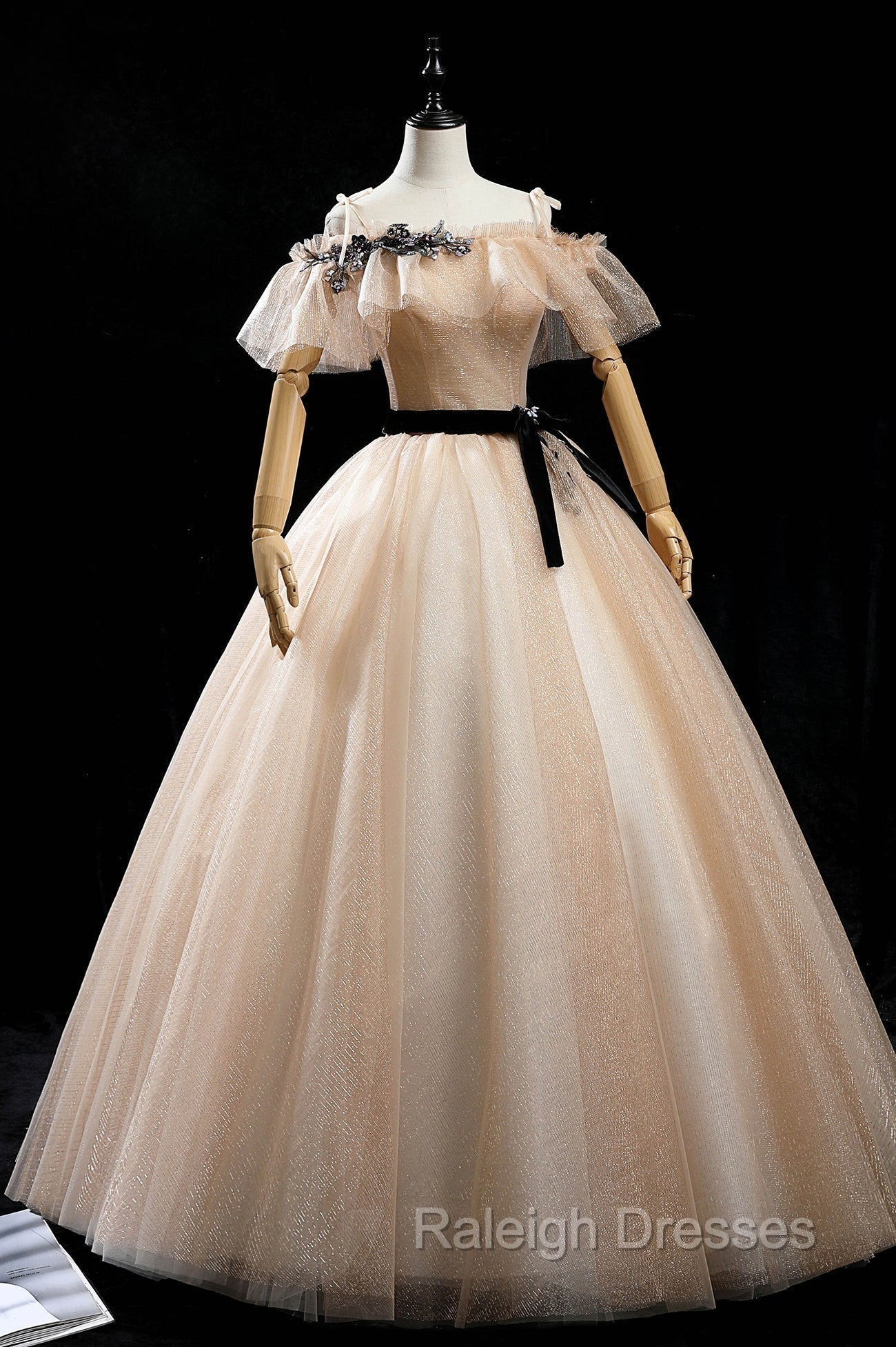 Champagne Shiny Tulle Floor Length Prom Dress, Off the Shoulder Prom Dress