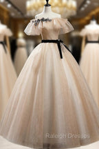 Champagne Shiny Tulle Floor Length Prom Dress, Off the Shoulder Evening Dress