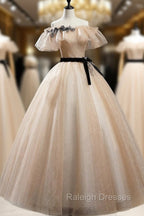 Champagne Shiny Tulle Floor Length Prom Dress, Off the Shoulder Prom Dress
