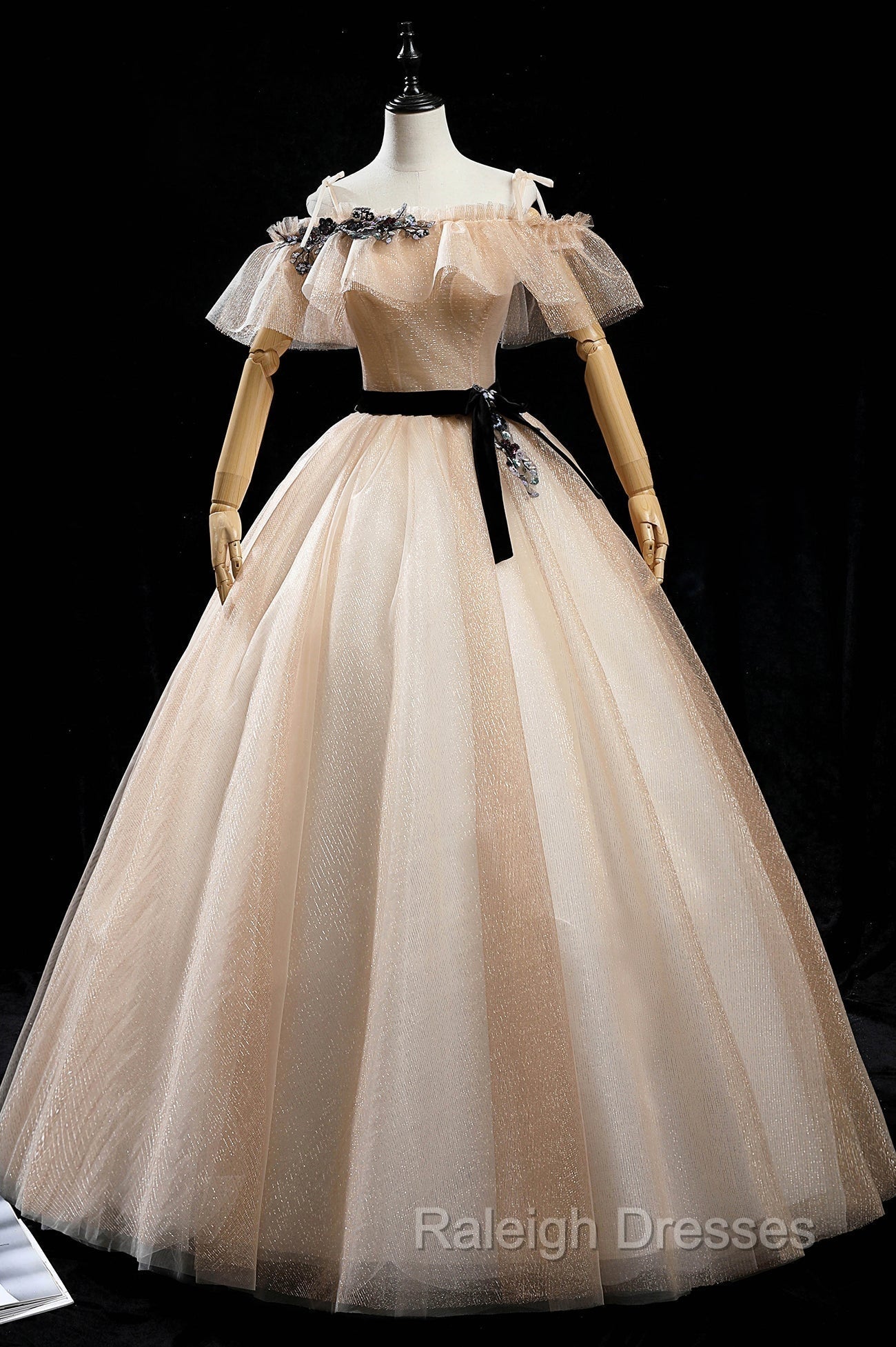 Champagne Shiny Tulle Floor Length Prom Dress, Off the Shoulder Prom Dress Main image