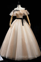 Champagne Shiny Tulle Floor Length Prom Dress, Off the Shoulder Prom Dress
