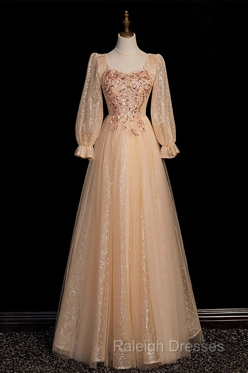 Champagne Short Sleeves Beaded Long Prom Dresses A Line Tulle Prom Dresses Secondary image