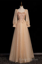 Champagne Short Sleeves Beaded Long Prom Dresses A Line Tulle Prom Dresses
