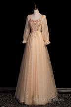 Champagne Short Sleeves Beaded Long Prom Dresses A Line Tulle Prom Dresses