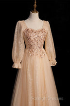 Champagne Short Sleeves Beaded Long Party Dress, A-Line Tulle Prom Dress