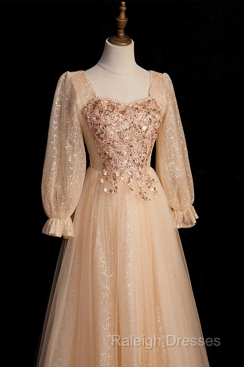 Champagne Short Sleeves Beaded Long Prom Dresses A Line Tulle Prom Dresses